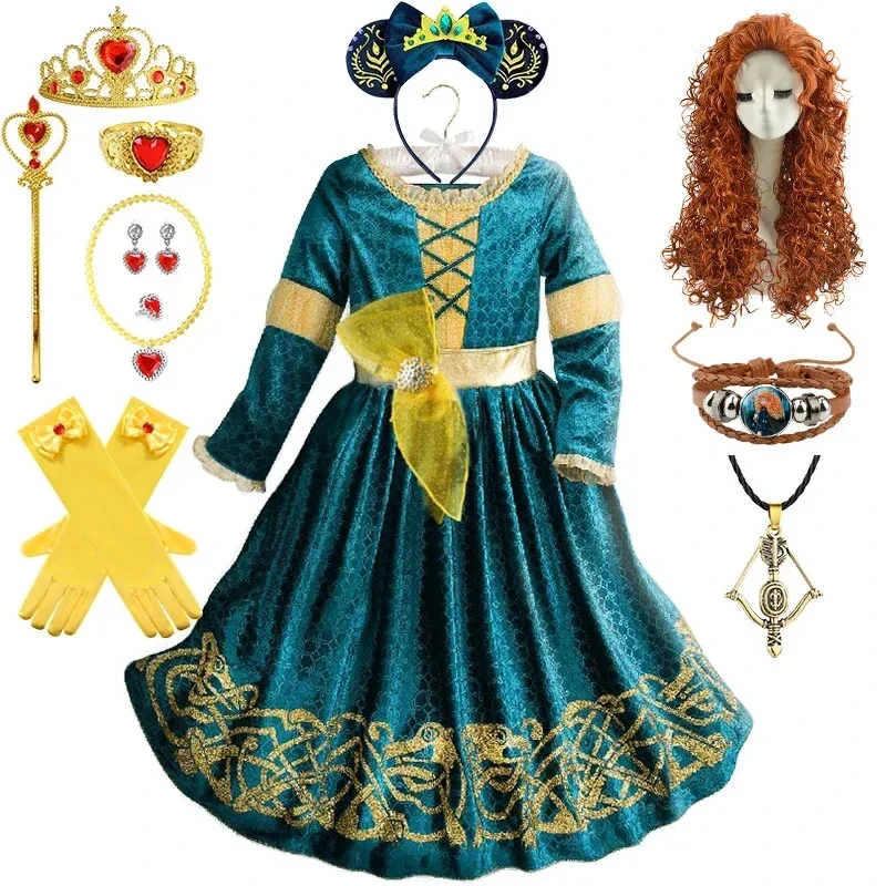 

♥AA Winter long sleeve Fantasia Merida Princess Gothic dress with wig kids Disguise Halloween child Lolita girl carniva New 2026
