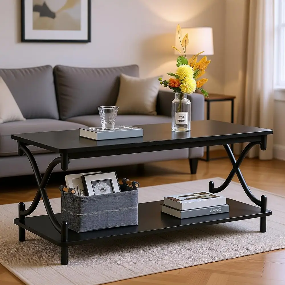 

39-Inch Coffee Table with Storage and Open Shelves, Living Dining Room, X-Shape, Black