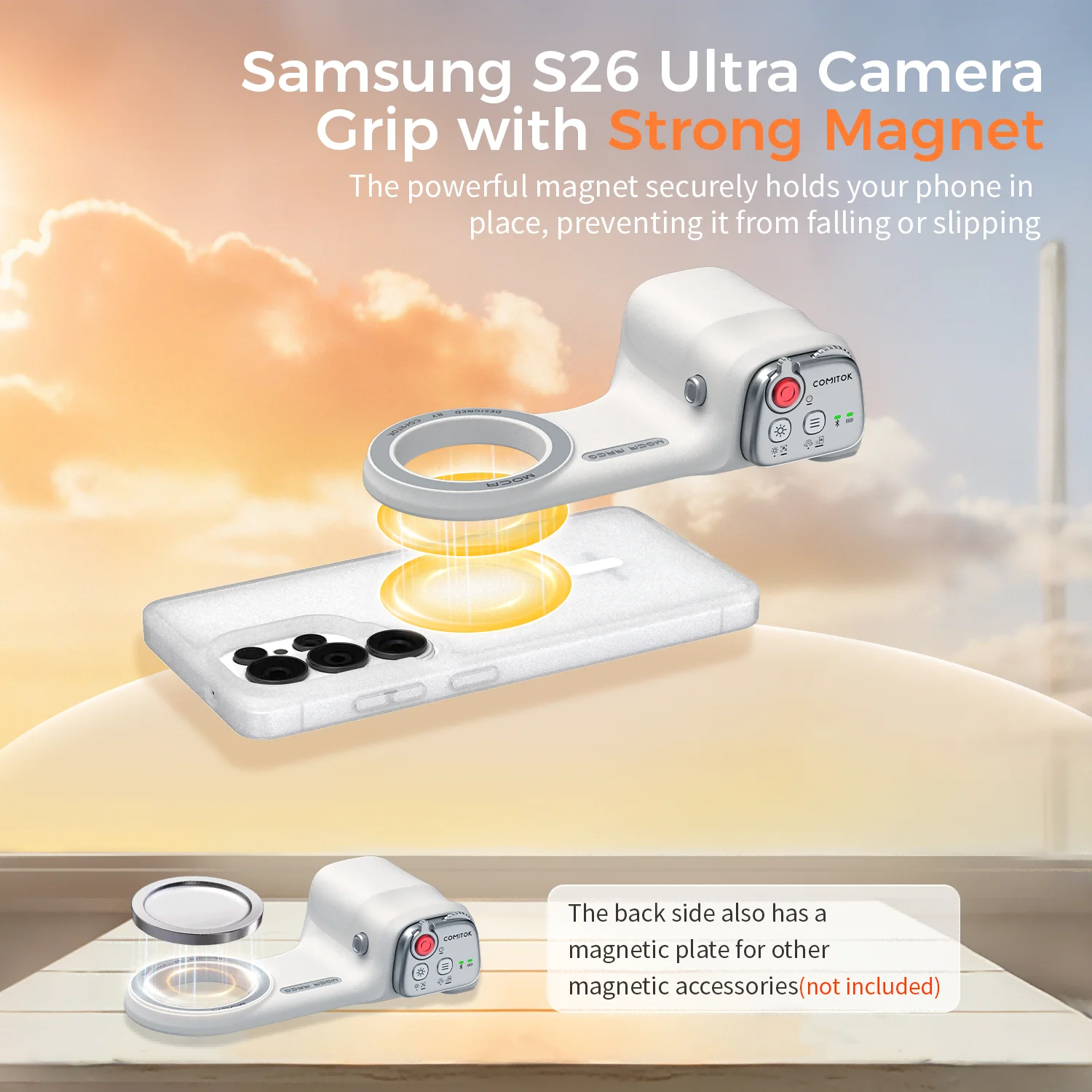 COMITOK MOCA ARCO Magnetischer Kameragriff für Galaxy S26 Ultra Abnehmbarer Fernbedienungsgriff mit passendem Etui für Vlog Video Selfie – Detail 2