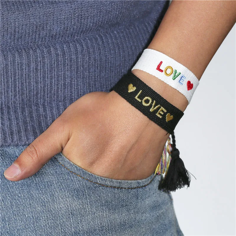 YEYULIN Ethnic Braided Fabric Bracelet for Women Men Love Hope Letter Charm Bracelets Handmade Adjustable Tassel Rope Jewelry