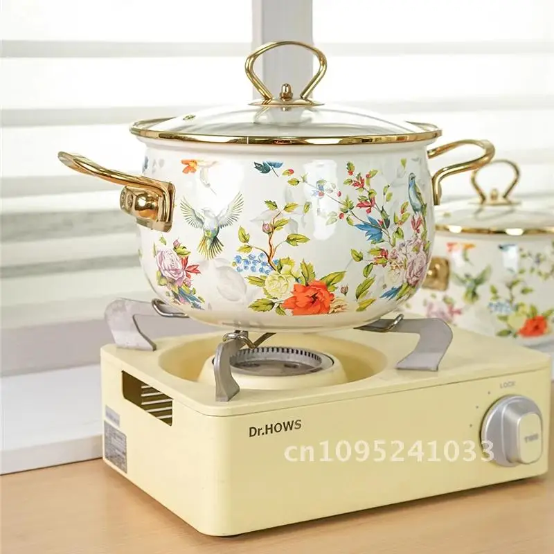 

with Soup Pot Retro Flower Bird Binaural Large Capacity Stew Enamel Home Pot Cookware Enamel Utensils Lid for Kitchen Delicate