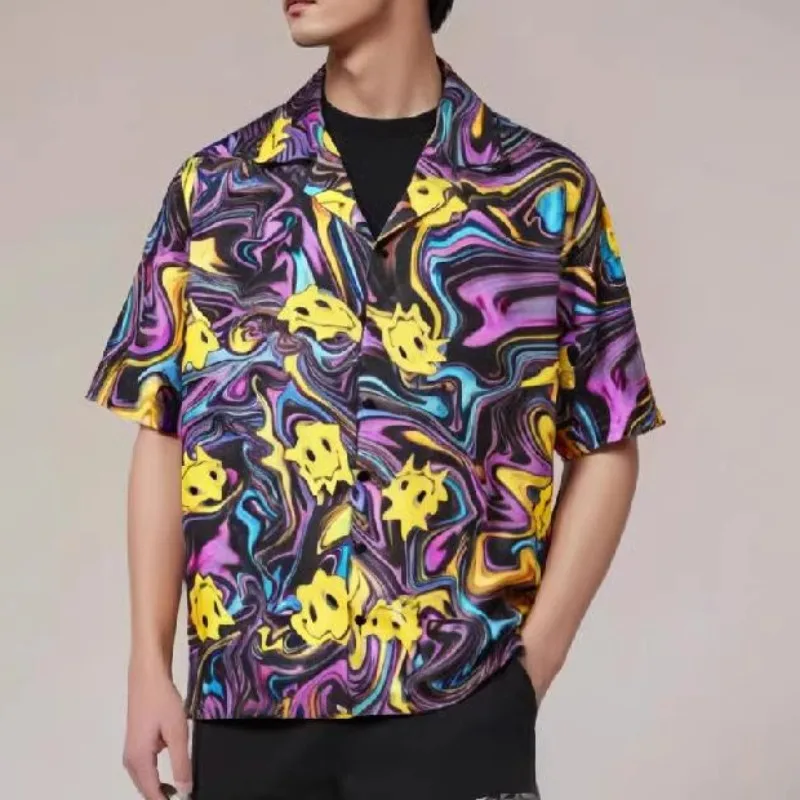 

Spring Summer Hawaiian Casual Loose Men Versatile Beach Wear Shirt Jacke Outfit Button Cartoon Printed Short Sleeve Holiday Hot