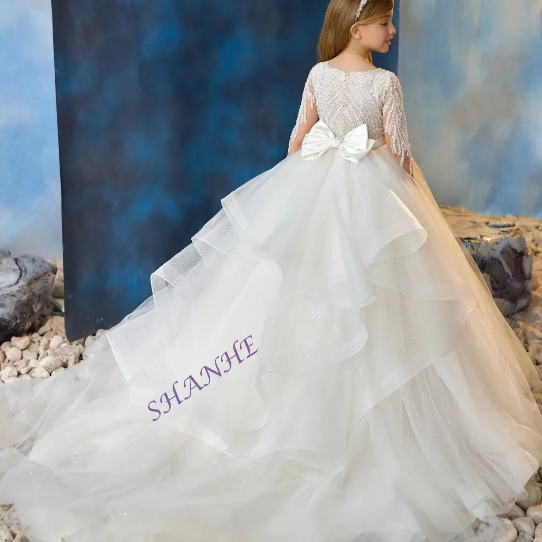 فساتين فتاة الزهور العاجية المخصصة لحفلات الزفاف بفيونكة مطرزة مخصصة بأكمام طويلة فساتين التواصل الأول للأطفال