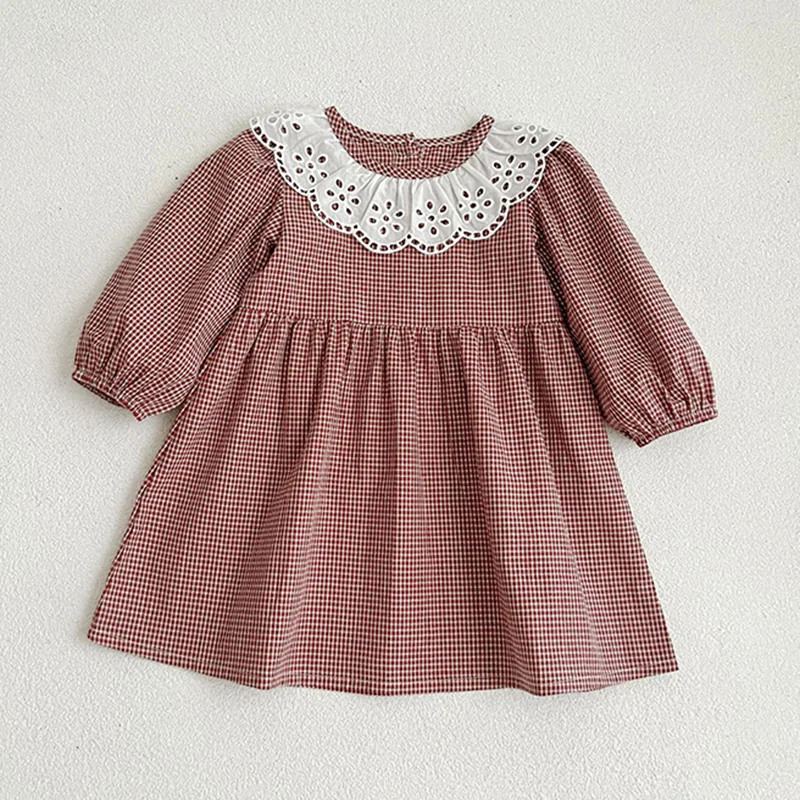 Spring Kids Baby Girls Long Sleeve Sweet Lace Collar Grid Princess Dress New Autumn Kids Baby Girls Dress Children Clothes Dress