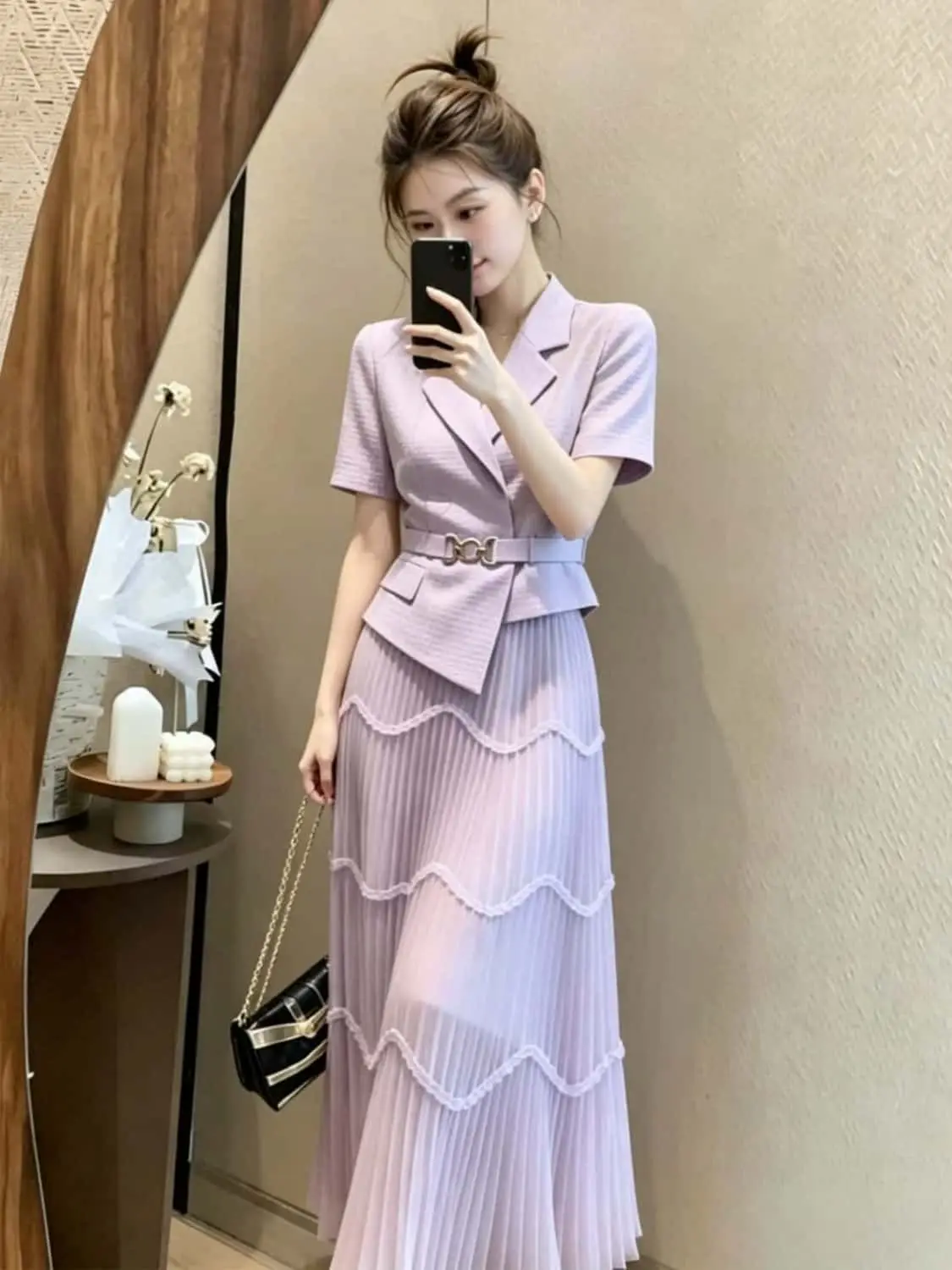 New Office Lady Summer Women's Suit Fashion Design Lapel Short Sleeve Irregular Blazer + Wave A-line Skirt Two Piece Set Elegant image 3