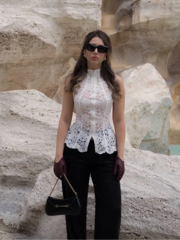 

Sexy White Sleeveless Lace Vest Women Elegant Turtleneck See Through Off Shoulder Zipper Slim Vests Chic Lady High Street Wear