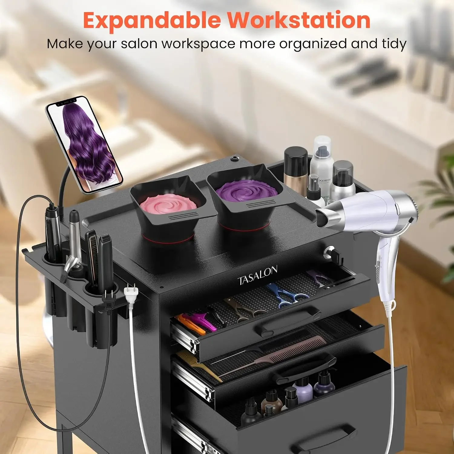Salon Trolley Cart with Wheels, Lockable Metal Rolling Cart with Drawers, Magnetic Bowls & Phone Holder, Mobile Storage Organize