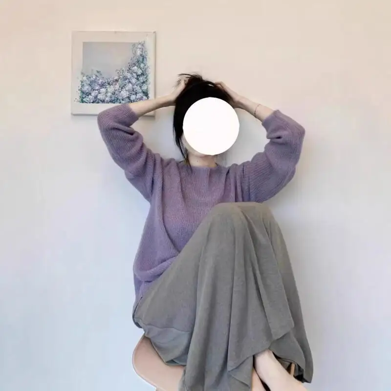 

Light Purple Sweater Knitwear Knitted Short Open Cardigan Women's Lazy Style Soft Loose Fit Pullover Tops Coats Autumn Winter