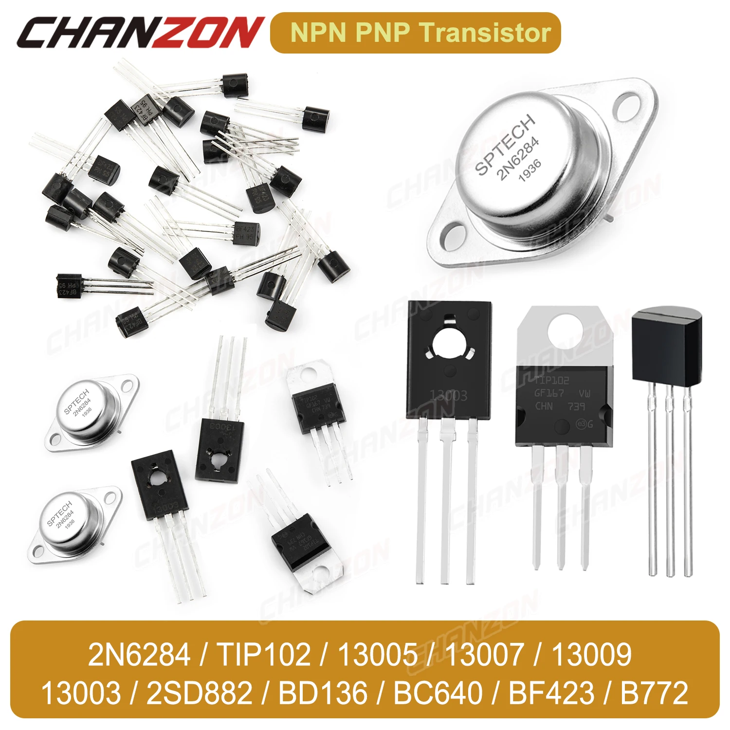 TO-3 TO-220 TO-126 TO92 2N6284 TIP102 13005 13007 13009 13003 2SD882 BD136 BC640 BF423 B772 NPN PNP Darlington Power Transistor