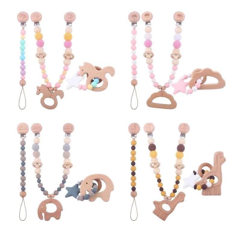3 Pcs/Set Baby Stroller Pendants Pacifier Chain Pram Clip with Silicone Beads Infants Wooden Teether Bracelet Rattle Newborn view 6