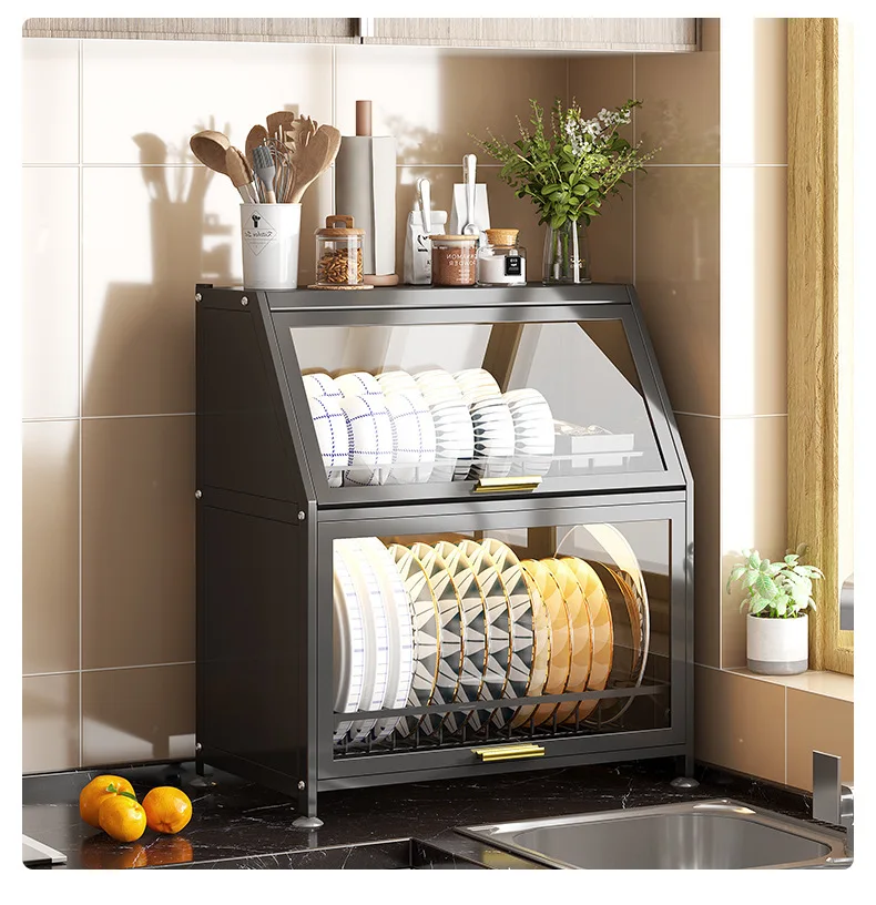 Kitchen Dishes Storage Cabinet Multifunctional Drainage Rack Multi-layer Season Storage Cabinet With Door Dustproof Storage Box