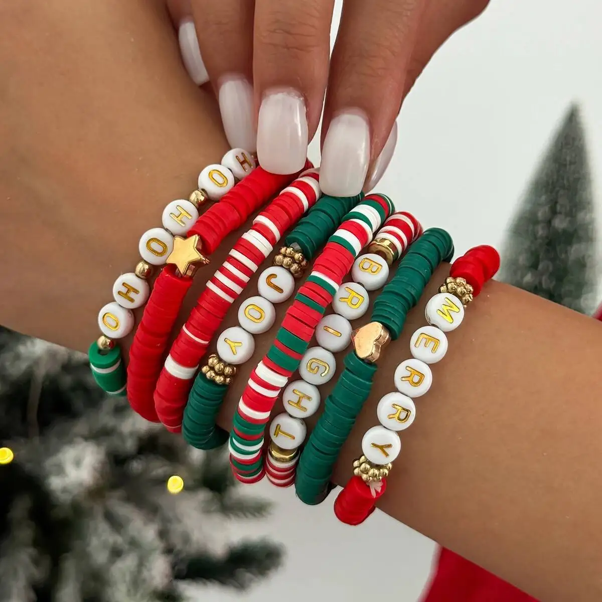 Salircon 8-teiliges Y2K-Weihnachtsserie, Polymer-Ton-Perlen, verstellbare Armreifen für Damen, Neujahr, elastisch, stapelbar, Armbänder, Schmuck, Geschenk