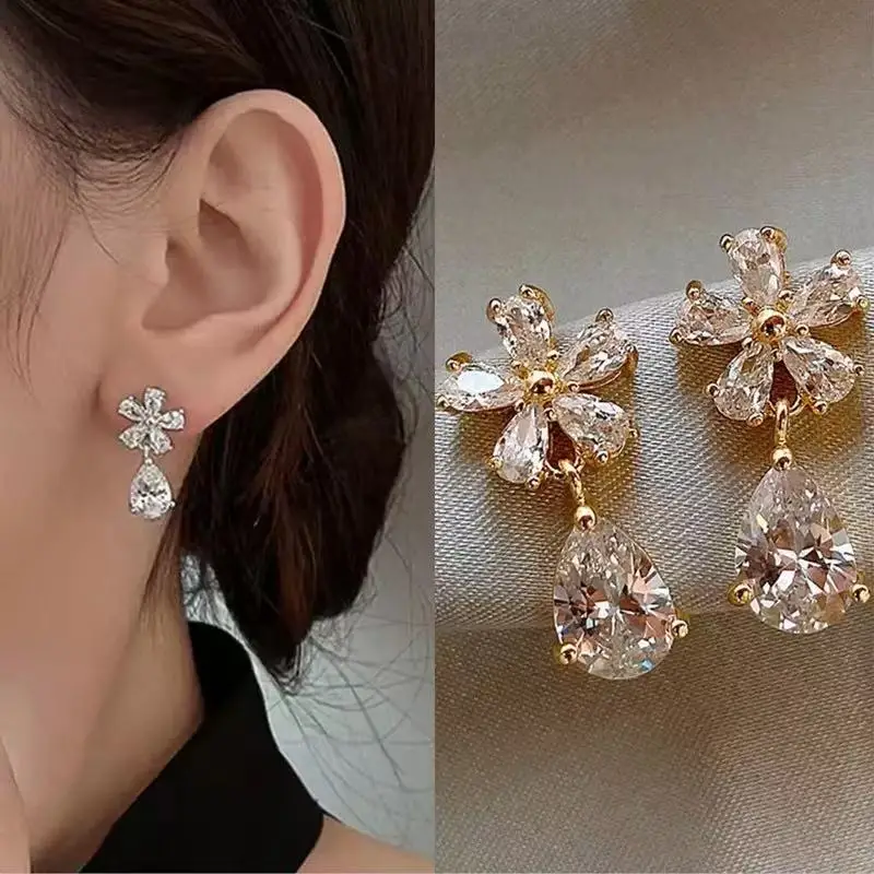 2PCS Fashion Luxury Zircon Starfish Shell Women's Earrings, Simple Flower Leaf Lmitation Pearl Earrings Party Wedding Jewelry