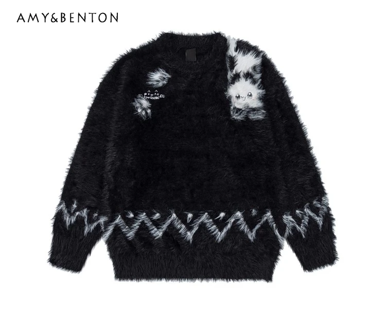 Sweater Rajut Wanita Gaya Amerika Motif Kucing Jacquard Mohair Hitam Kerah Bulat Musim Gugur Musim Dingin Gaya Pasangan Longgar Kasual Warna Aprikot