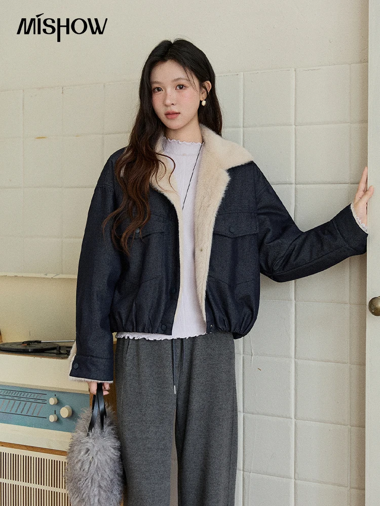 

MISHOW женская зимняя куртка из хлопка, 2024, джинсовое пальто в стиле ретро, плюшевое пальто с длинными рукавами, короткая верхняя одежда с воротником из искусственной овечьей шерсти MXE87W0934