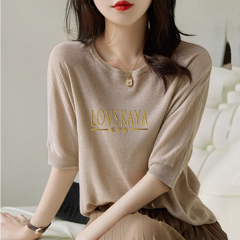 New Summer Age Reducing Linen Loose and Thin Half Sleeve Ice Silk Knitted Round Neck T-shirt for Women