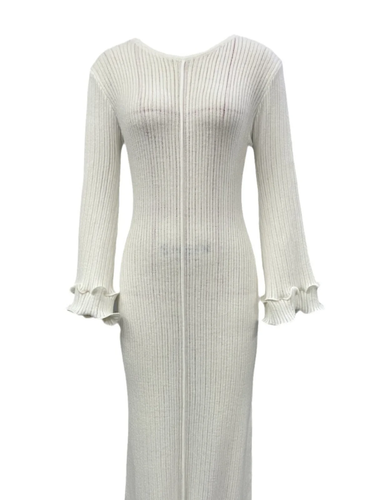 단색 긴 소매 라운드 넥 드레스 우드 그레인 러플 스트리트 스타일 미드 웨이스트 우산 스커트 가을 겨울 여성 드레스