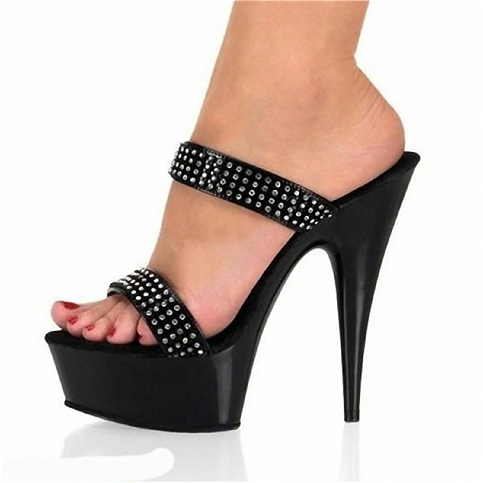 ​15CM Platform Slide Sandals Black, Fully Rhinestone Strap Mules with Chunky Sole, Extreme Height Party Shoes​