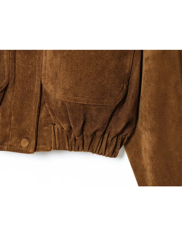 HH المرأة الخريف موضة الرجعية تنوعا الجلد المدبوغ التلبيب معطف طويل الأكمام الإناث أنيقة عالية الشارع سستة جيب سترة فضفاضة Mujer