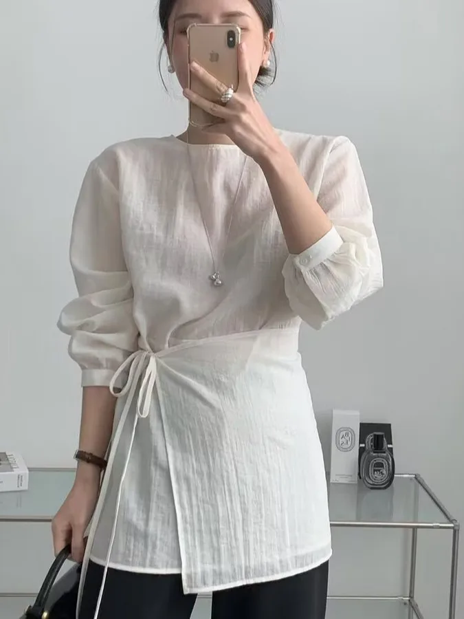 

Ele Slimming Korean Sle Women's irt with Belted Skirt Design Spring Faionable Layered Clothing Casual Chic Top