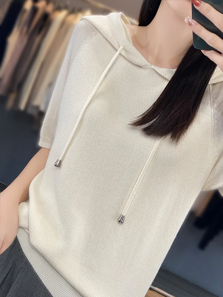 Women Tees Hooded Pullover Short Sleeved Ice Silk Top Breathability Comfort Thin Style Spring Summer Leisure Style Slimming Down