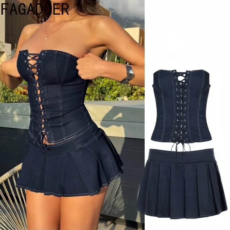 

FAGADOER Y2K Fashion Bandage Patchwork Two Piece Outfits Woman Sleeveless Backless Crop Top + Female Pleated Skirts Streetwear