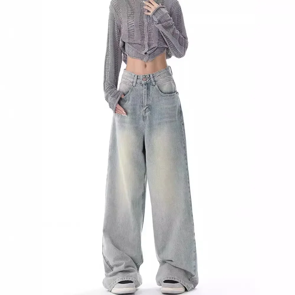 

Jeans Women Long Pants Denim Wide Leg Pant Loose Casual Trousers Elegant Splice Regular Pocket Button High Waist Autumn 2024