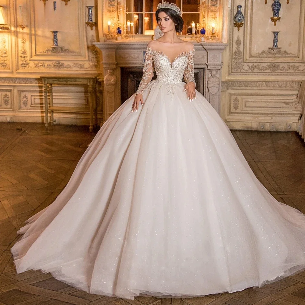 

Customzied2025 Exquisite Sweetheart Lace Beaded Wedding Dress Sheer O Neck Long Sleeve Princess Bride Dresses Vestidos De Novia