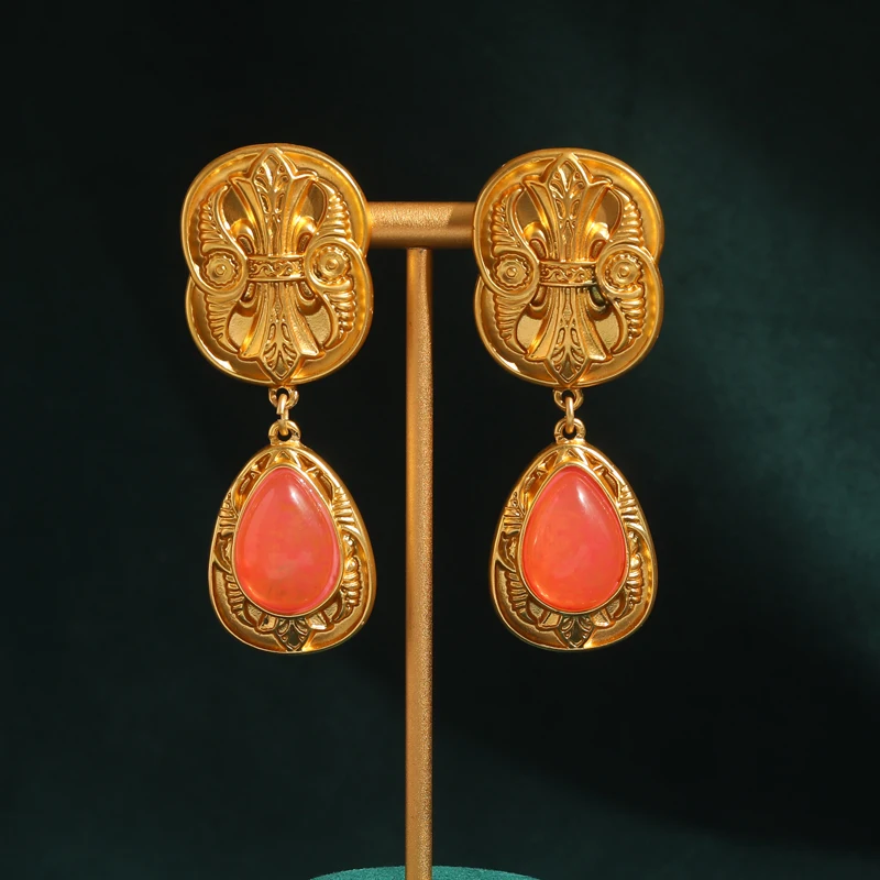 

Statement Style Orange Crystal Earrings Water Drop Vintage Gold Color Carving Flowers Antique Jewelry Party Accessories 2024 New