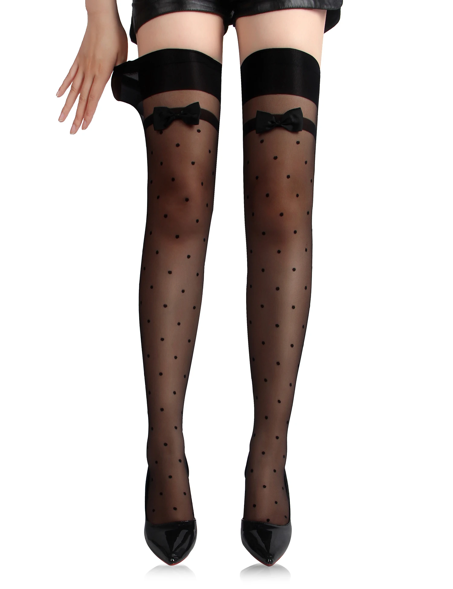 Sexy Long Stockings Sweet and Cute Jacquard Bow Tie Black Polka Spots High Elastic XS-L Women Thigh Highs kawaii Lace Stockings