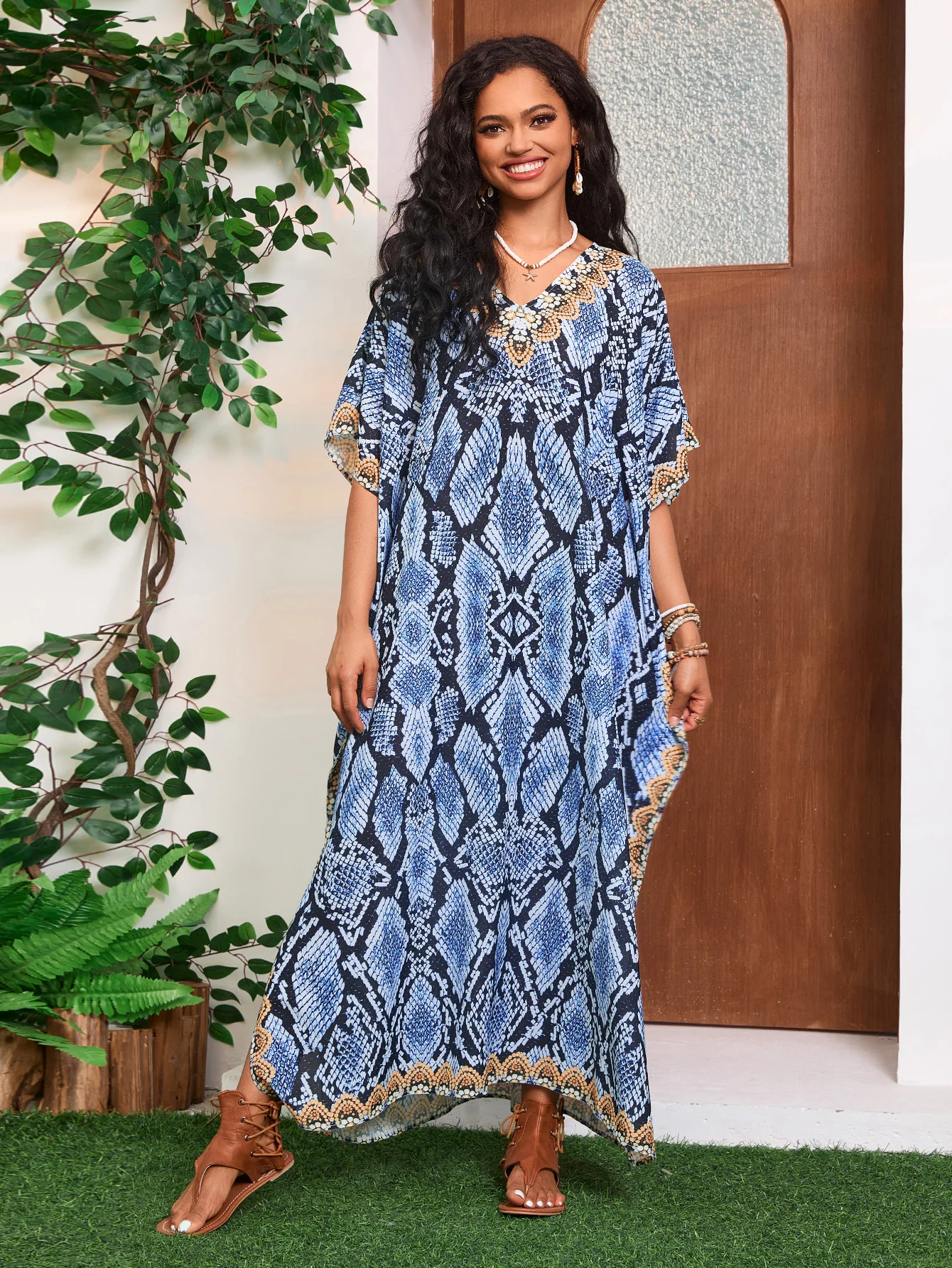 

Summer Ladies Boho Style Geometric Pattern V-Neck Side Split Beachwear Holiday Bikini Cover Up Dress