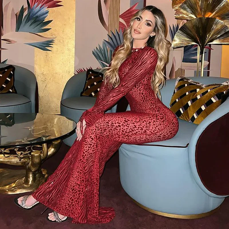 Red Leopard Print Maxi Dress Women Sexy Mesh See Through Backless Slim Dress Fashion Flare Sleeve Party Club Robe 2025 Summer