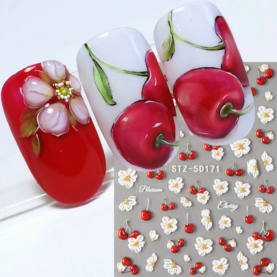 5D Geprägte Elegante Kirschfrucht-Nagelaufkleber Frühlings-Weiße Blumen Selbstklebende Nagelsticker Hochzeitssaison Nageldekoration – Detail 3