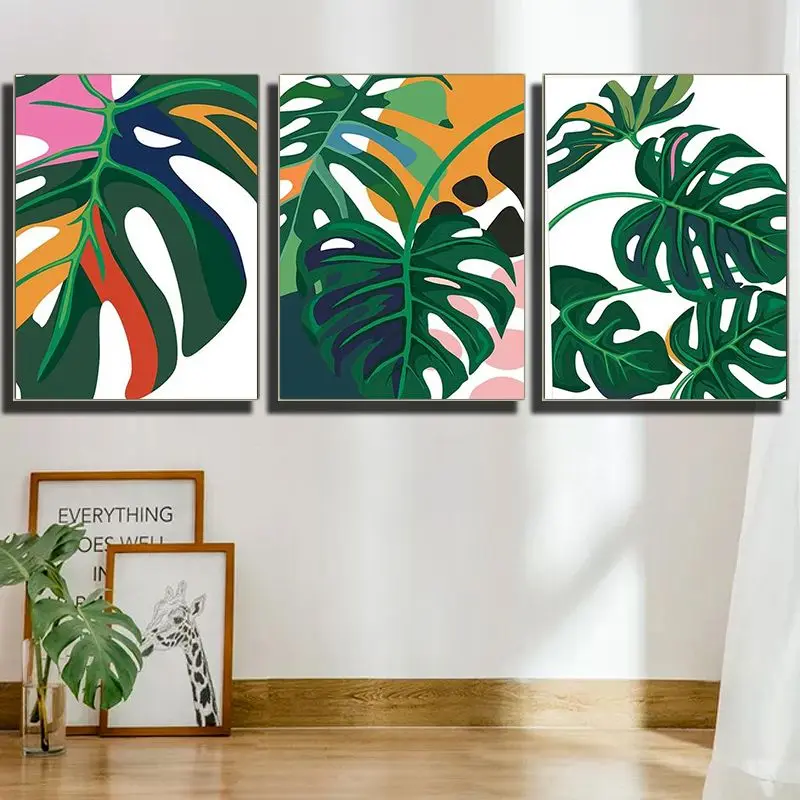 

CHENISTORY Acrylic Painting By Number Green Leaves Drawing On Canvas Handpainted Coloring By Number Kits Home Decor