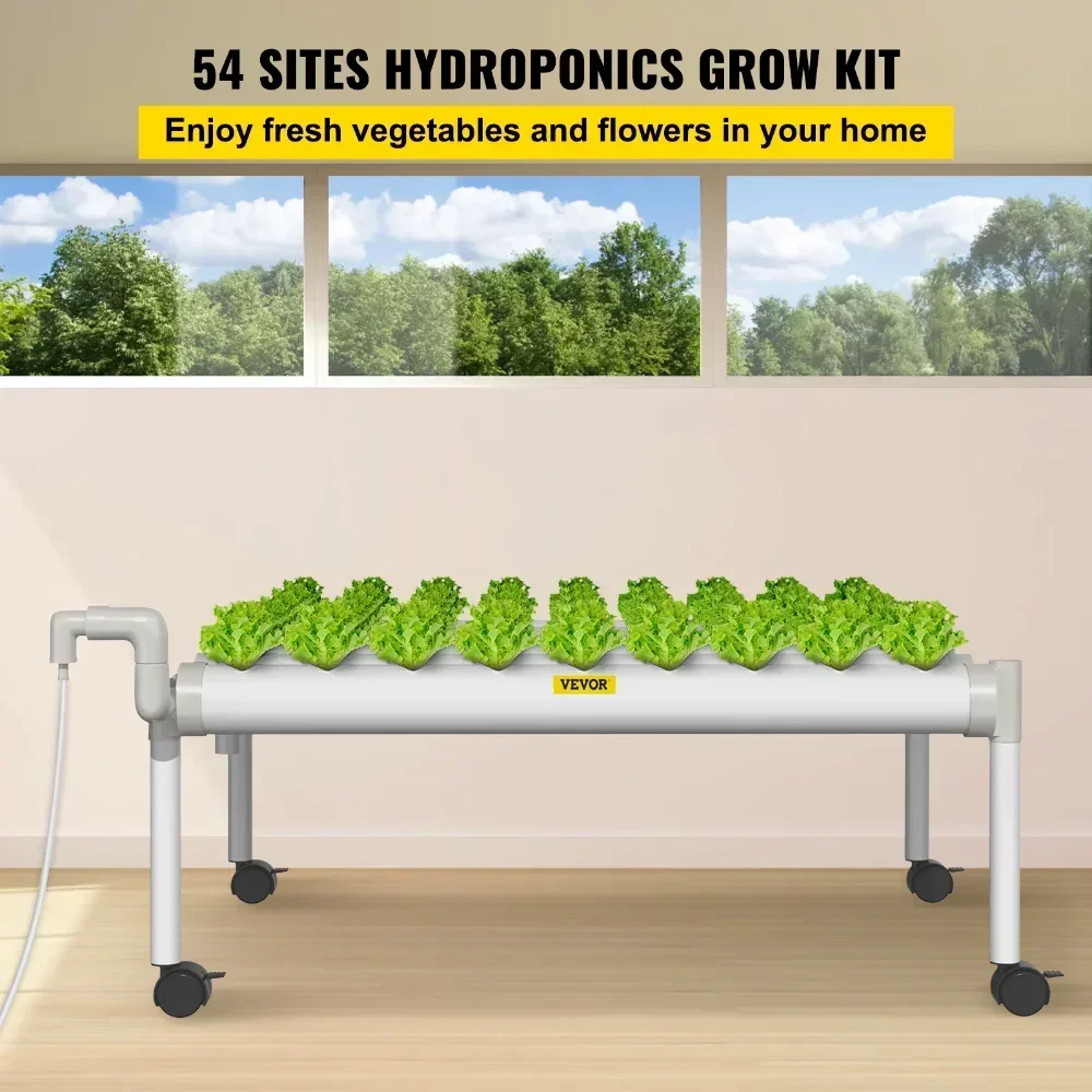 Hydroponic Site Grow Kit 1 Layer 54 Plant Sites, 6 PVC Pipes Indoor Plant Growing System,with Water Pump and Timer