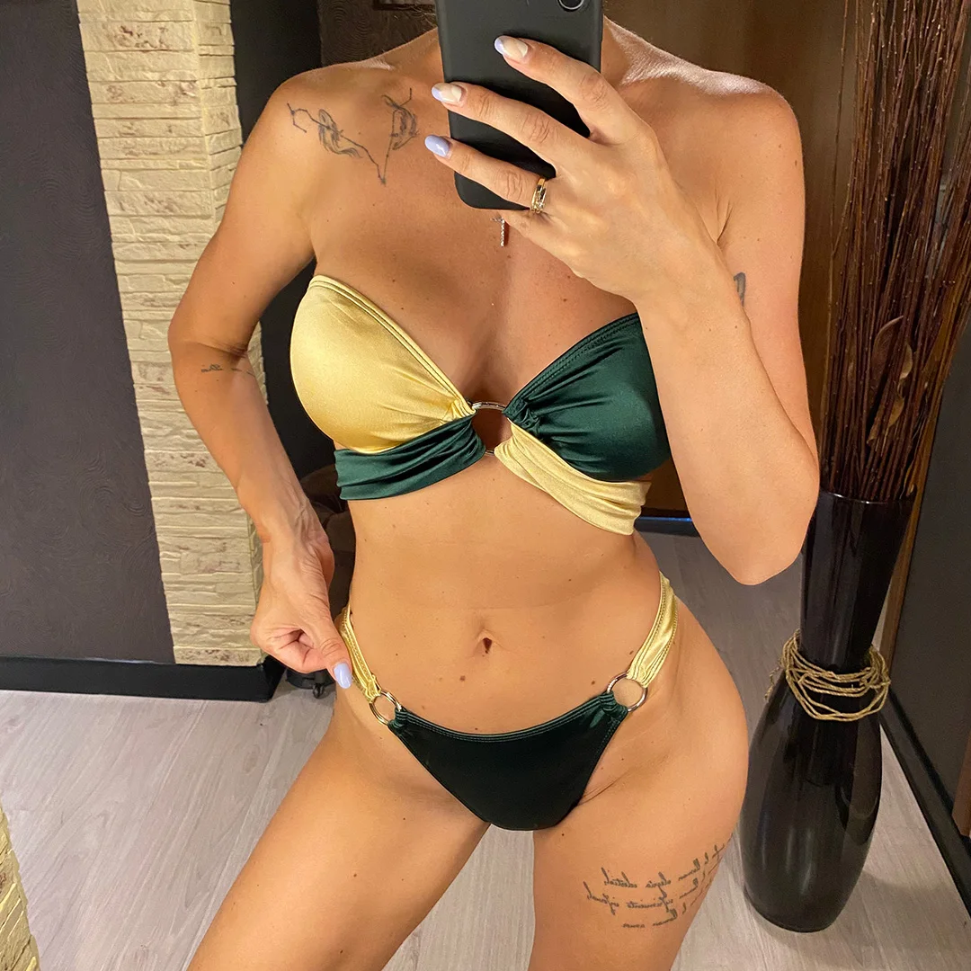 Neuer sexy, trägerloser Bandeau-Bikini mit Splicing-Design, Damen-Badeanzug, zweiteiliger Bikini-Set, Badebekleidung, Badeanzug, Schwimmanzug V3859 – Detail 2