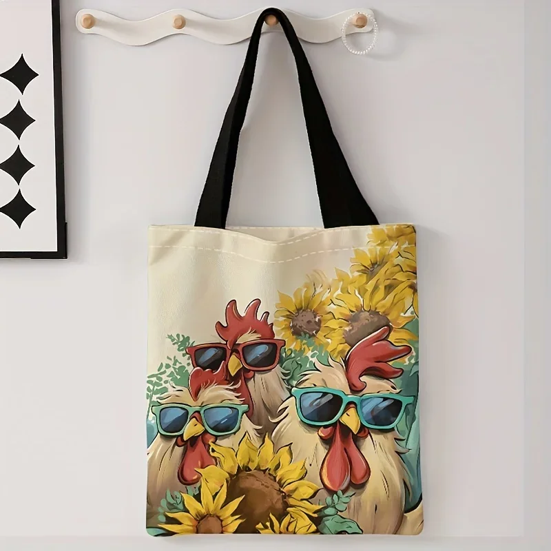

1pc Cartoon Rooster Print Polyester Tote Bag Casual Shoulder Shopping Bag Reusable Fashion Backpack Multifunctional Handbag