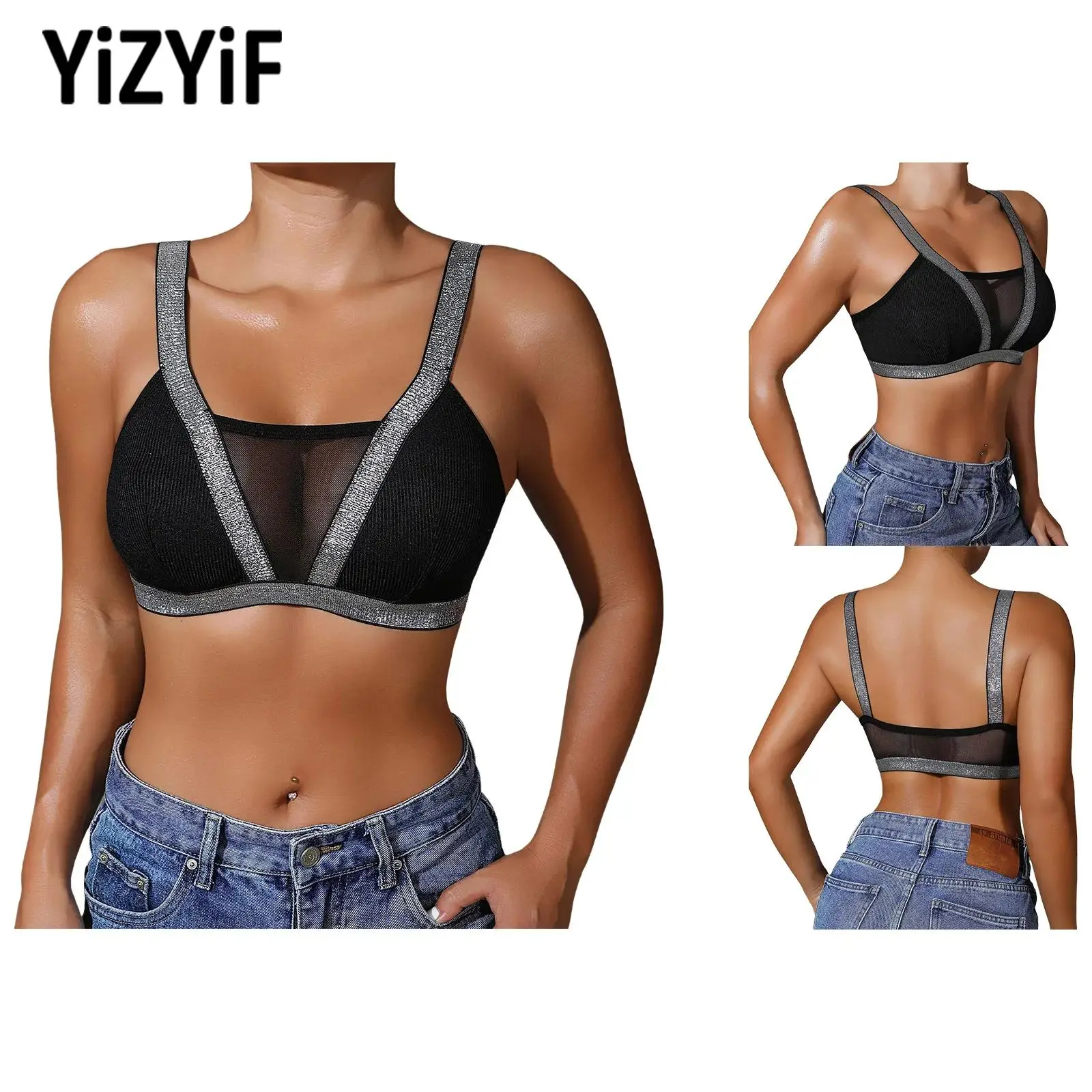 

Women Sexy Sheer Mesh Athletic Camisole Sleeveless Cropped Vest Shimmery Trim Stretchy Breathable Lightweight for Sports Fitness