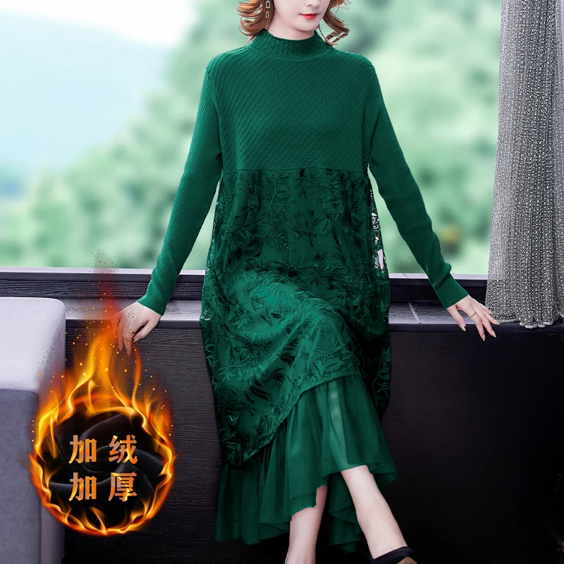 2023 New Fashion Knitted Mesh Dress Women's Autumn and Winter Vintage Half High Neck Long Sleeve Loose Fit Sweater Dress Vestido