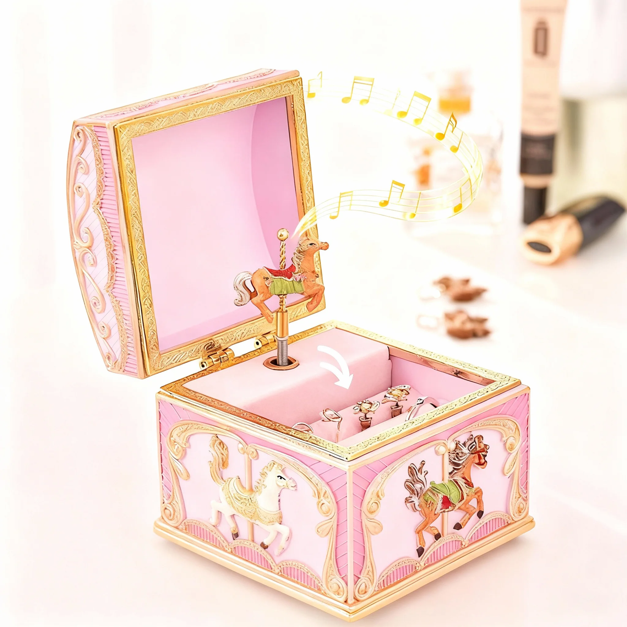 

Винтажная карусельная музыкальная шкатулка для драгоценностей, роскошный футляр с тиснением и сокровищами с вращающейся лошадью и мелодией «Город неба», романтический подарок для девочек