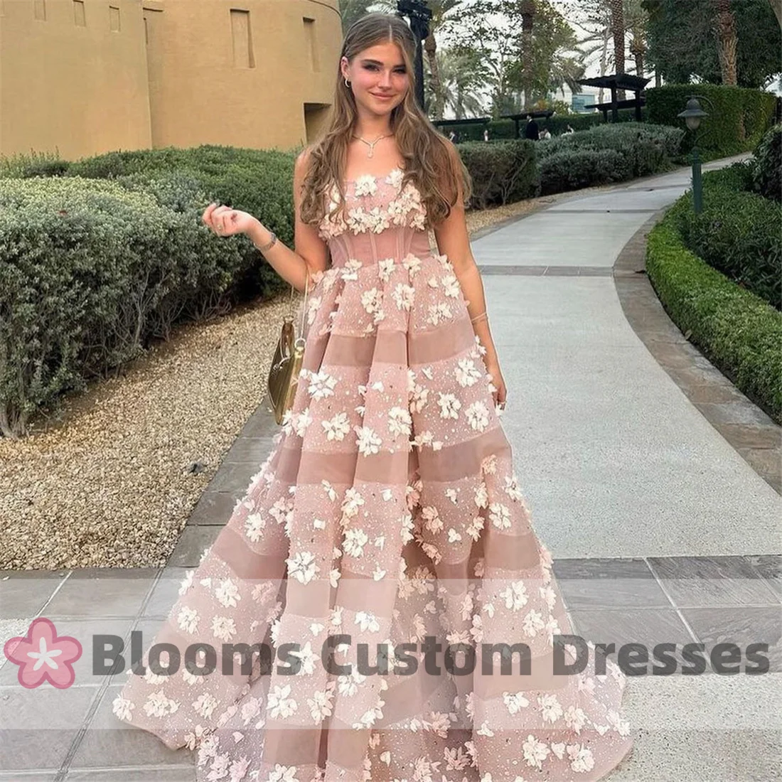 Blooms Customized Strapless Flower Shiny Tulle Evening Dresses A-Line Sleeveless Formal Occasion Party Dress For Prom