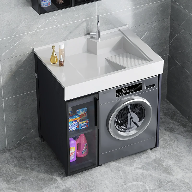 

Washing machine cabinet bathroom face wash basin countertop integrated combination with rubbing board space aluminum significant