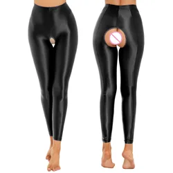 Frauen Sexy Öffnen Gabelung Leggings Hosen Glänzend Stretchy Feste Dünne Hosen Unterwäsche Nachtwäsche für Nachtclub Valentines Tag