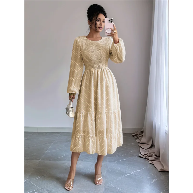 ABRT-robes d'automne pour femmes, manches longues, col rond, taille à pois, en mousseline de soie, à volants, robes mi-longues smockées