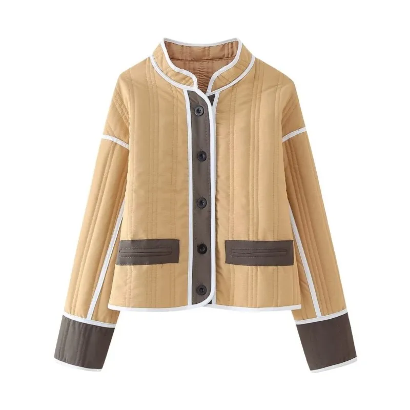 Chaqueta de algodón de retales para mujer, abrigo informal de manga larga con botones, cuello redondo, ropa de otoño, novedad de 2024