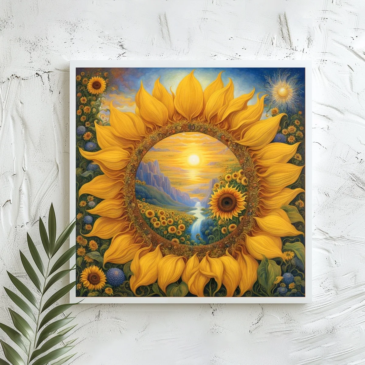 1 Stück 40x40 cm/15,74 Zoll, 11Ct/14Ct Kreuzstich-Set, DIY Valentinstagsgeschenk, Stickerei-Set für Festlichkeiten, Sonnenblumenkranz-Landschaft – Detail 2