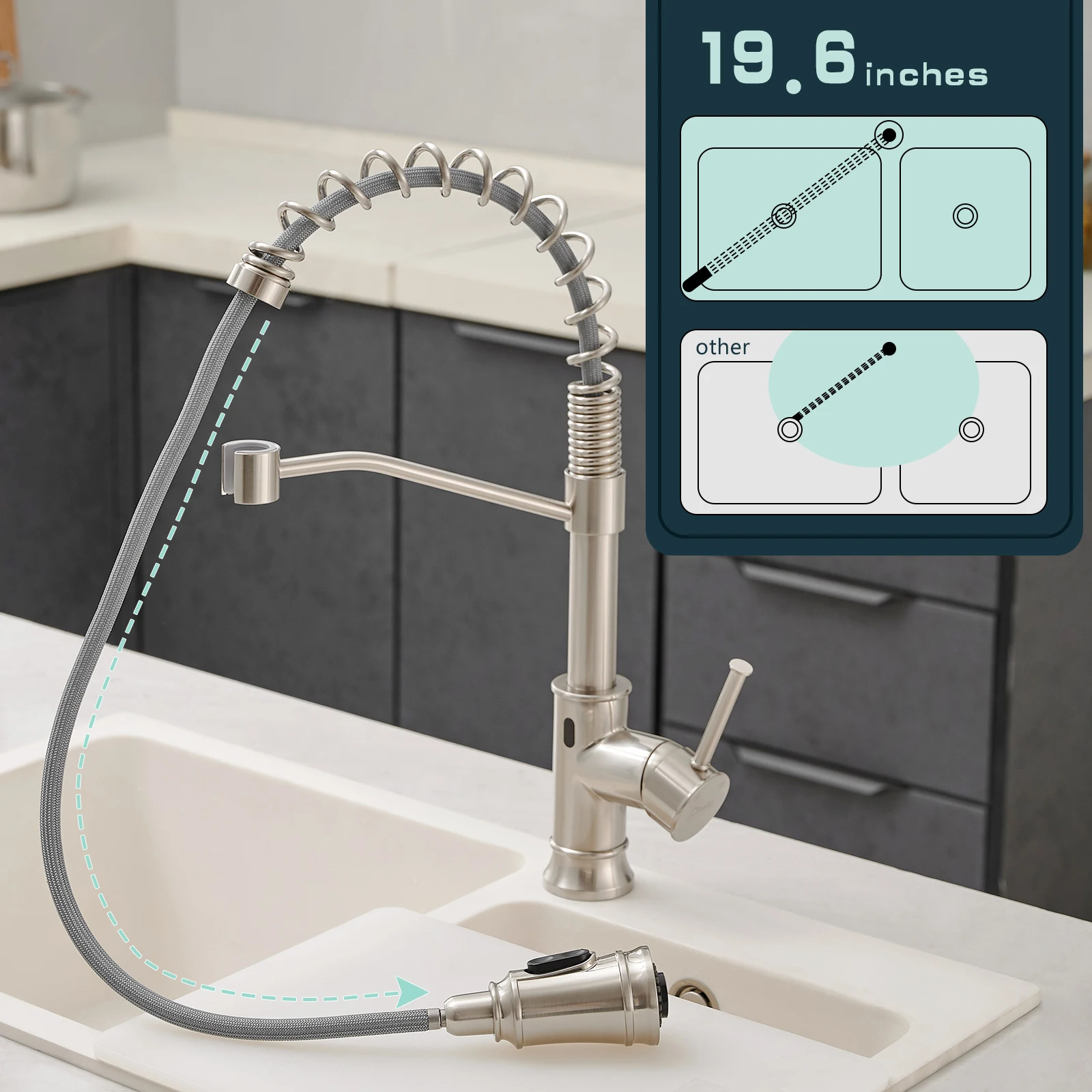 FLG Kitchen Faucet with Pull Down Sprayer High Arc Single Handle Spring Kitchen Sink  Brushed Nickel Modern Kitchen Faucets