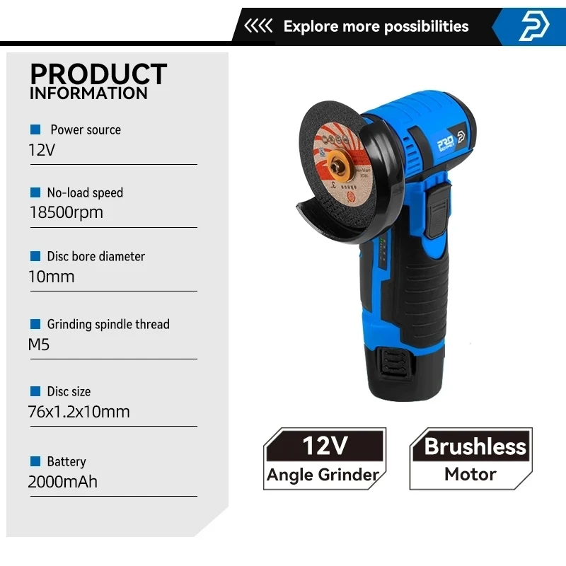 12V Mini Brushless Angle Grinder Cordless Polishing Grinding Machine 2000mAh 18500RPM Electric Power Tools For Home PROSTORMER