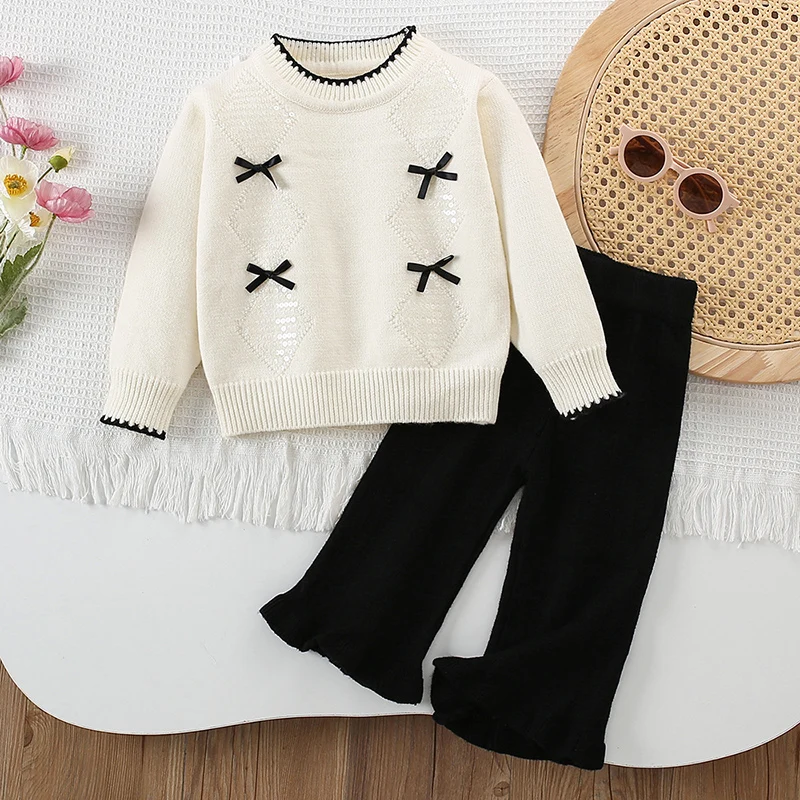 2026 New Spring Baby Girl Knitted Clothes Set Long Sleeved Pullover Sweater+Pants 2-6Yrs Children Knitted Clothes Suit