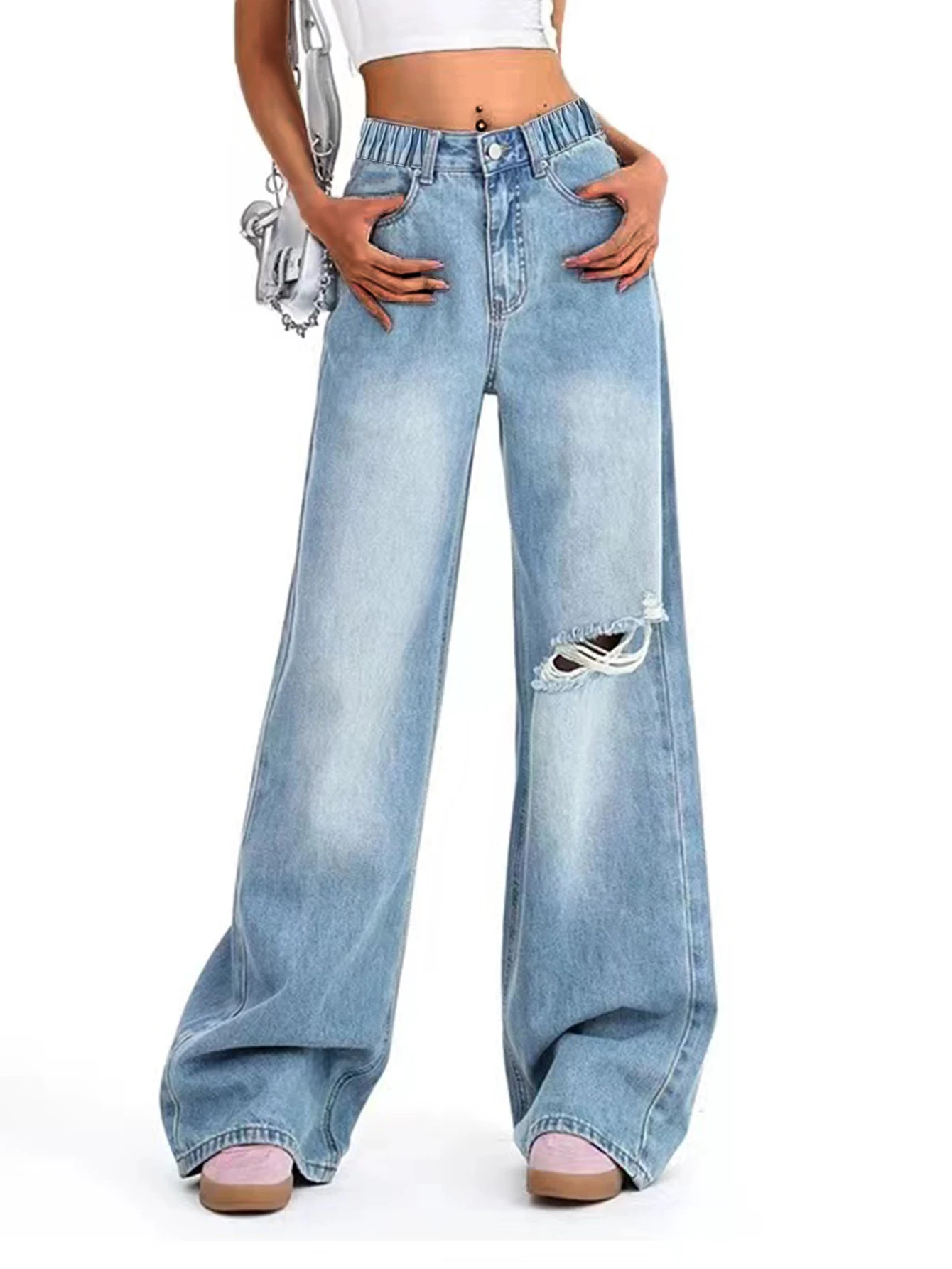 

Светло-голубые рваные повседневные джинсовые широкие брюки для молодежи среднего и большого размера для девочек — крутой и острый стиль для похудения